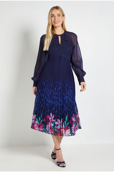 Petite Occasion Lace Insert Pleated Midi Dress