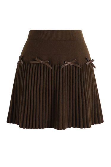 Bowknot Embellished Pleated Knit Mini Skirt in Chocolate Brown for Holiday Parties & Festive Gatherings