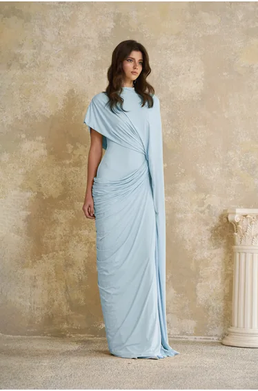 Fenella Blue Asymmetrical Draped Cape & Dress Matching Set