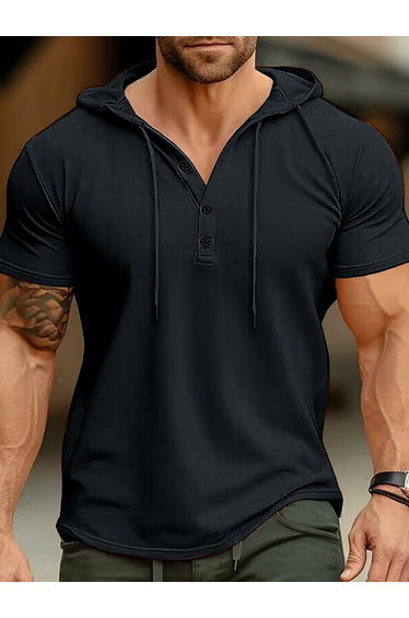 Men Half-Button Placket Hooded T-Shirt