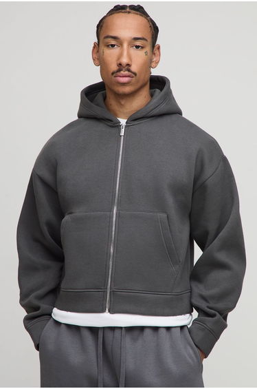 Oversized Shrunken Heavyweight Zip Through Hoodie - charcoal
