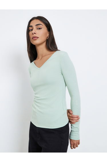 Mint Green Ribbed Long Sleeve Top