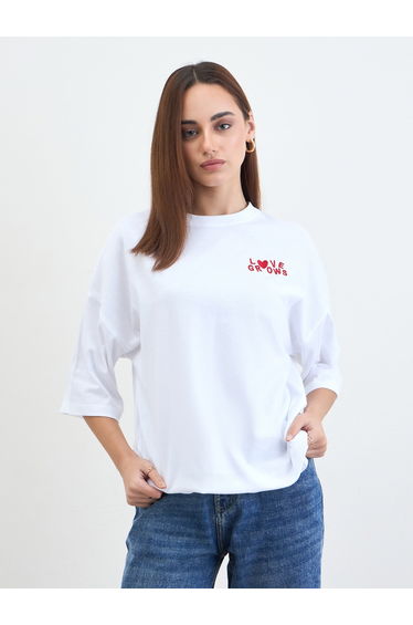White Slogan Oversized T-Shirt with 3/4 Sleeves