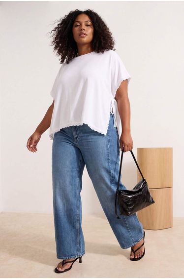 White Side Detailed Short/ Cropped Knitted Large Size T-Shirt