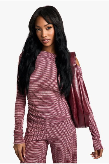 Striped Jersey Slouchy Off Shoulder Top - red