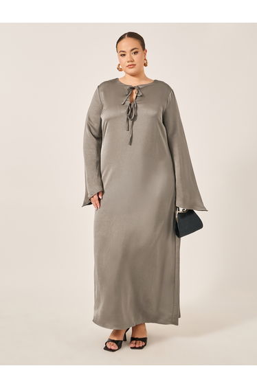 Plus Size Textured Tie-Up Neck A-Line Maxi Dress