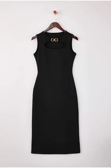 Black Bodycon Pool Neck Sleeveless Accessory Detail Midi Interlock Knitted Dress