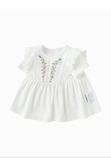 Girls' Short Sleeves Top With Embroidery, Ruffles, And Rounded Neck
