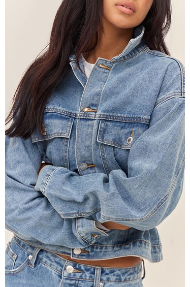 Mid Blue Wash Pleated Cinch Back Denim Jacket