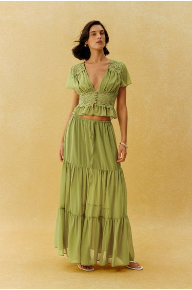 Feeling Like Her Green Short Sleeve Lace Waist Crop Top & Skirt Set