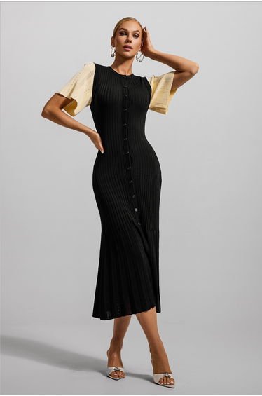 Gilberte Jersey Button Splicing Midi Dress Black
