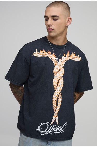 Acid Black Oversized Snake Flame Print T-Shirt - acid wash black