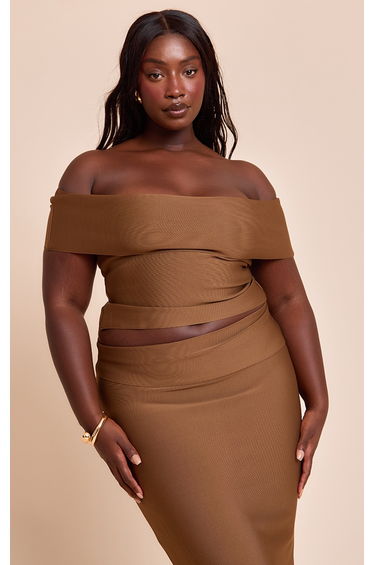 Plus Deep Chocolate Tailored Bandage Knit Asymmetric Fold Over Top