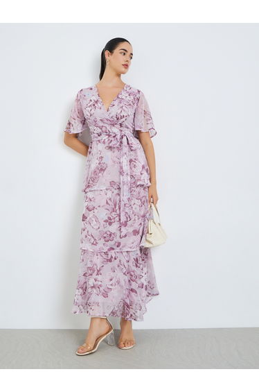 Women Pink Floral Print Wrap Tiered Maxi Dress