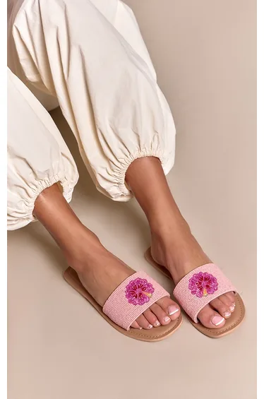 Pink Hibiscus Flower Embellished Mule Flat Sandals
