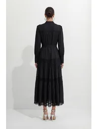 فستان سانفير قميص أسود ميداكسي على شكل حرف A بأكمام طويلة - 4