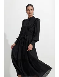 فستان سانفير قميص أسود ميداكسي على شكل حرف A بأكمام طويلة - 5