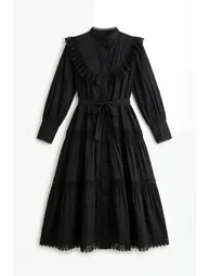 فستان سانفير قميص أسود ميداكسي على شكل حرف A بأكمام طويلة - 6