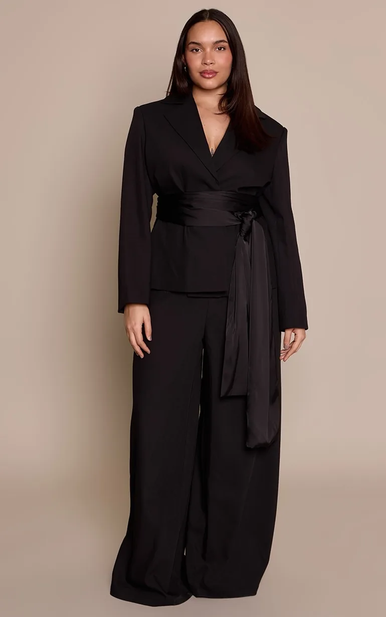 Plus Black Woven Oversized Satin Belted Blazer