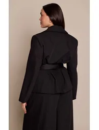 Plus Black Woven Oversized Satin Belted Blazer - 2