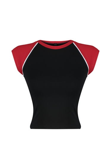 Black Color Blocked Slim Crew Neck Cotton Flexible Knitted T-Shirt