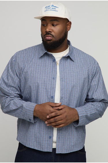 Plus Oversized Boxy Official Depot Print Micro Check Shirt - blue