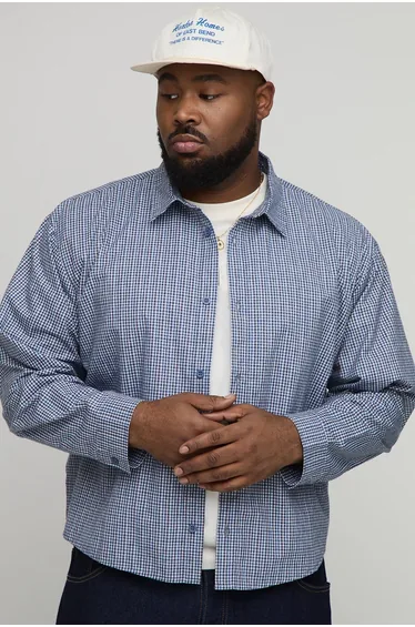 Plus Oversized Boxy Official Depot Print Micro Check Shirt - blue