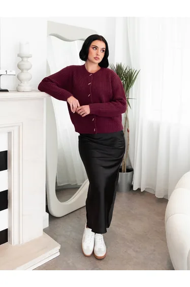 Lovedrobe Bow Button Round Neck Burgundy Cardigan