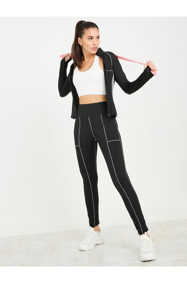 Colorblock Contrast Stitch Detail Zip Up Jacket and Leggings Set