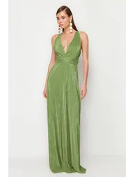 Oil Green Belted Knitted Lining Long Evening Evening Dress - 1