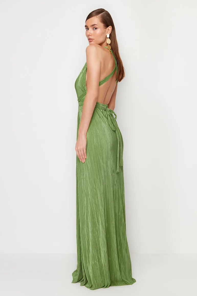 Oil Green Belted Knitted Lining Long Evening Evening Dress - 4