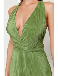 Oil Green Belted Knitted Lining Long Evening Evening Dress - 3