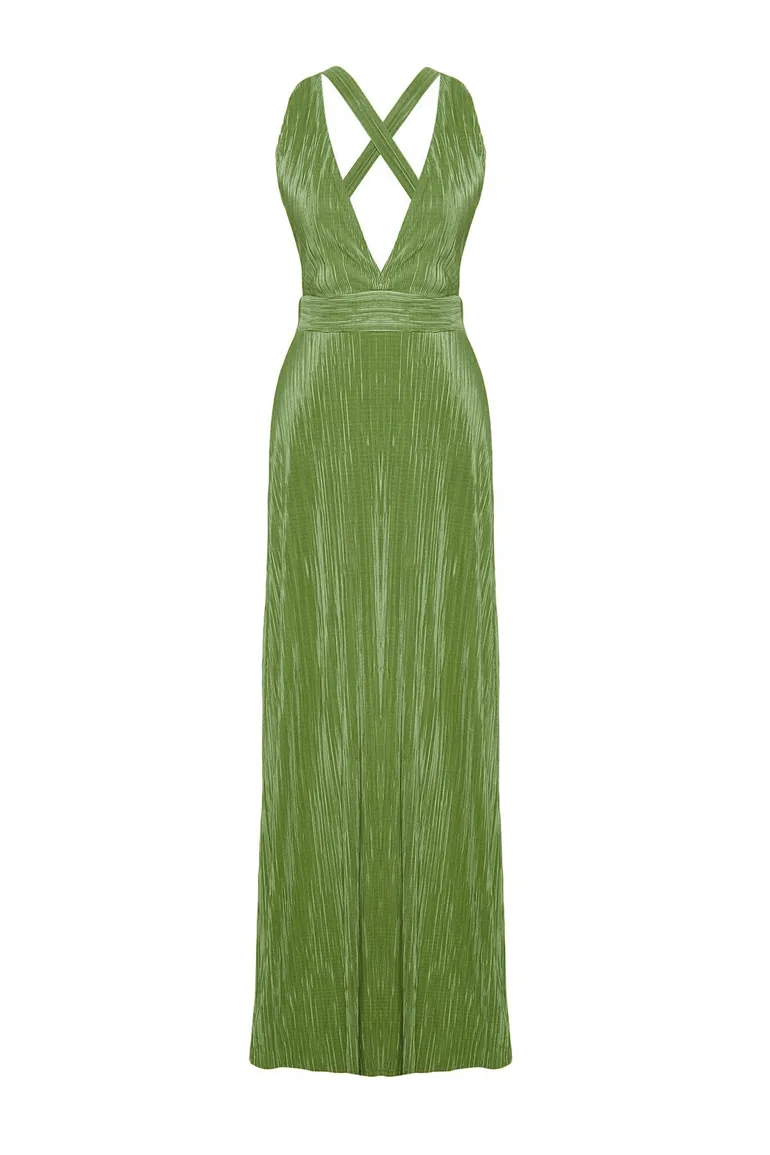 Oil Green Belted Knitted Lining Long Evening Evening Dress - 6
