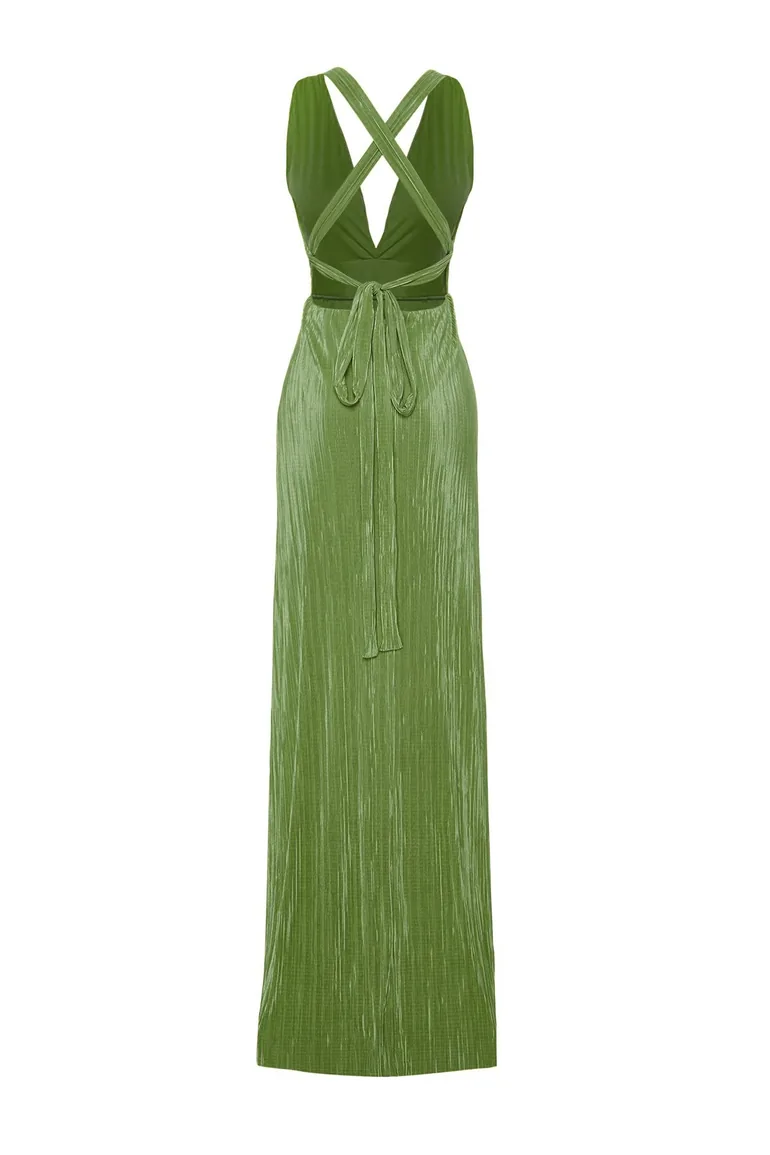 Oil Green Belted Knitted Lining Long Evening Evening Dress - 7