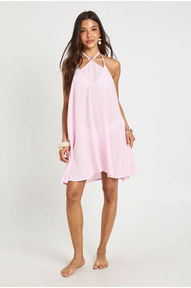 Cheesecloth Halter Mini Beach Dress - light pink