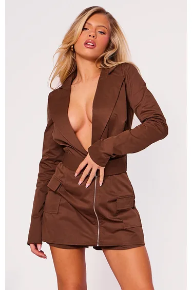 Chocolate Brown Cargo Pocket Detail Plunge Skort Playsuit