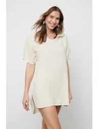 Ecru Wide Fit Mini Woven Embroidery Muslin Beach Dress - 3