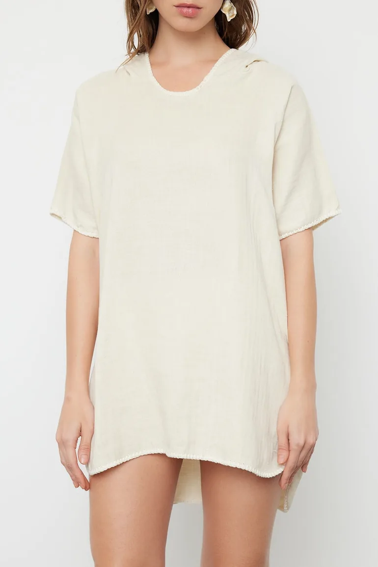 Ecru Wide Fit Mini Woven Embroidery Muslin Beach Dress - 2