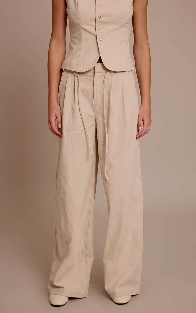 Sand Cord Tailored Tie Detail Wide Leg Trousers - 1