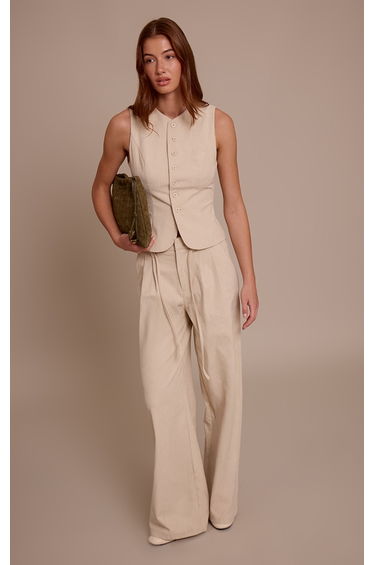 Sand Cord Tailored Tie Detail Wide Leg Trousers