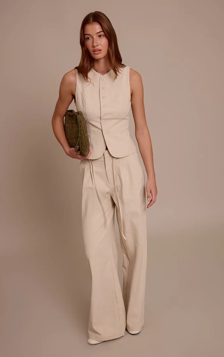 Sand Cord Tailored Tie Detail Wide Leg Trousers - 5