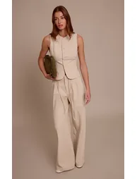 Sand Cord Tailored Tie Detail Wide Leg Trousers - 5