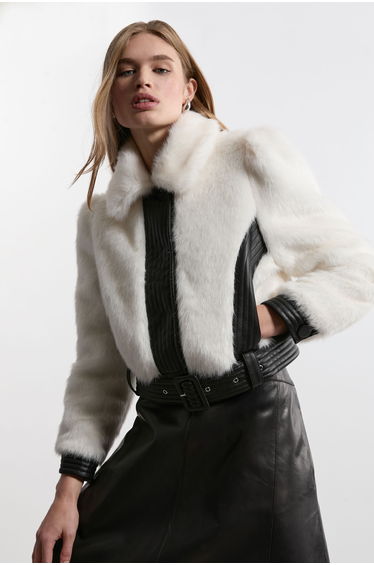 Faux Fur Pu Panelled Belted Cropped Jacket