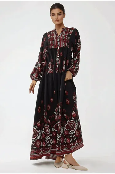 Printed Long Sleeve Viscose Maxi Dress