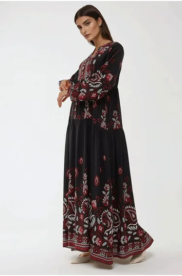 Printed Long Sleeve Viscose Maxi Dress