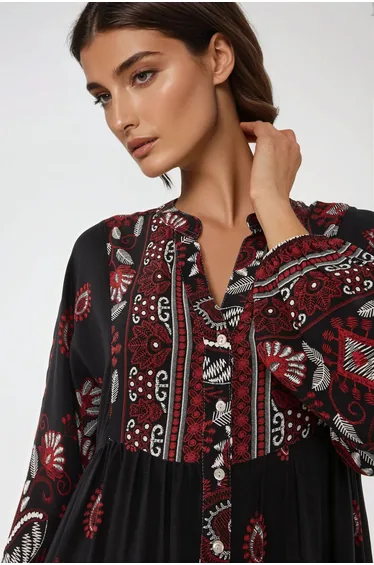 Printed Long Sleeve Viscose Maxi Dress