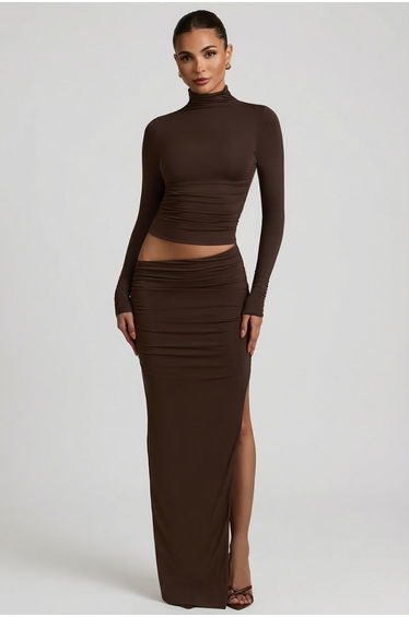 Modal Asymmetric-Waist Maxi Skirt in Chocolate Brown