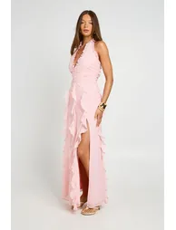 Chiffon Ruffle Detail Halterneck Maxi Dress - dusty pink - 2