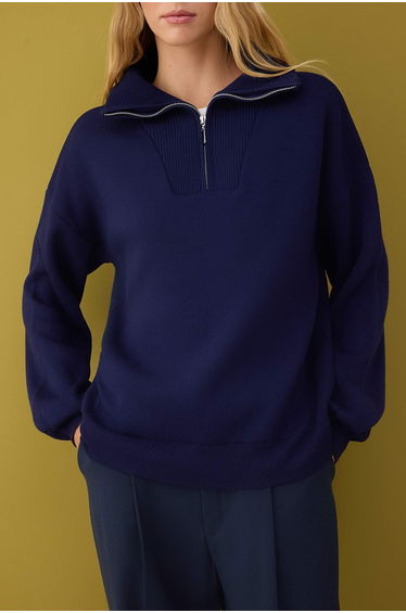 Navy blue oversized knit sweater with zipper - fits all body types product thumbnail 4