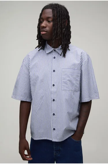 Oversized Half Sleeve Stripe Shirt - navy